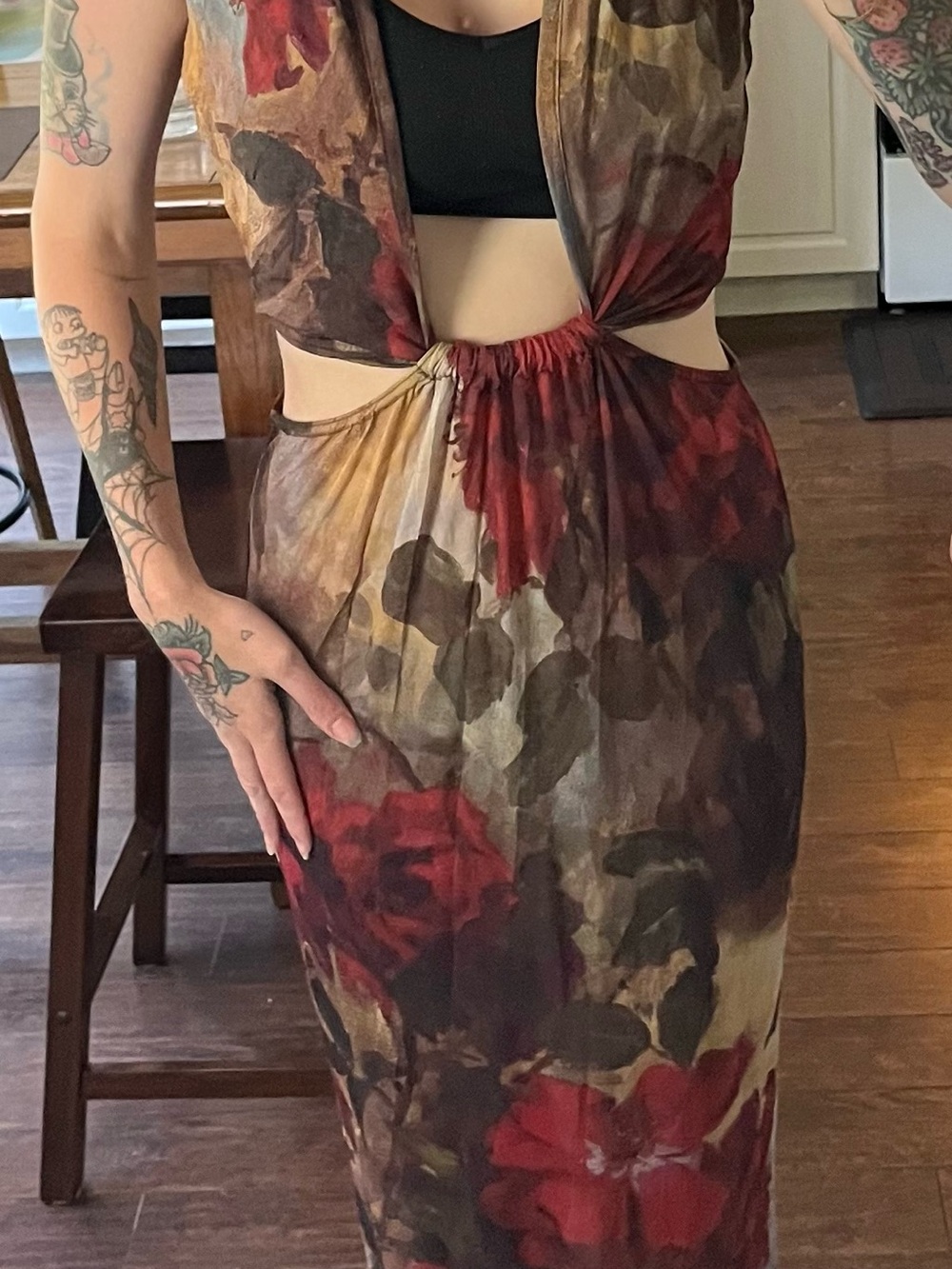 PrettyLittleThing Red and Brown Floral Cutout Maxi Dress